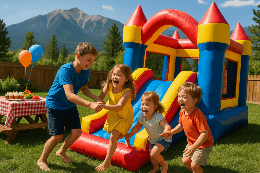 Children playing in a bounce house at a backyard birthday party in Buena Vista Colorado