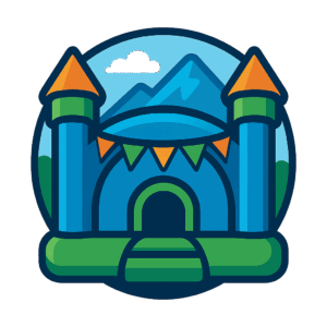 Inflatable bounce house icon with mountain and festival flags, representing public event rentals in Buena Vista Colorado