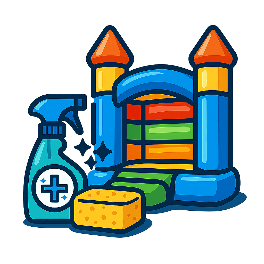 Sanitized bounce house icon with cleaning supplies for event rental in Buena Vista CO