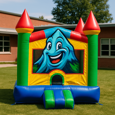 Bounce House at School Event – Altitude Inflatables Colorful bounce house set up on a school lawn in front of a red brick school building in Buena Vista Colorado
